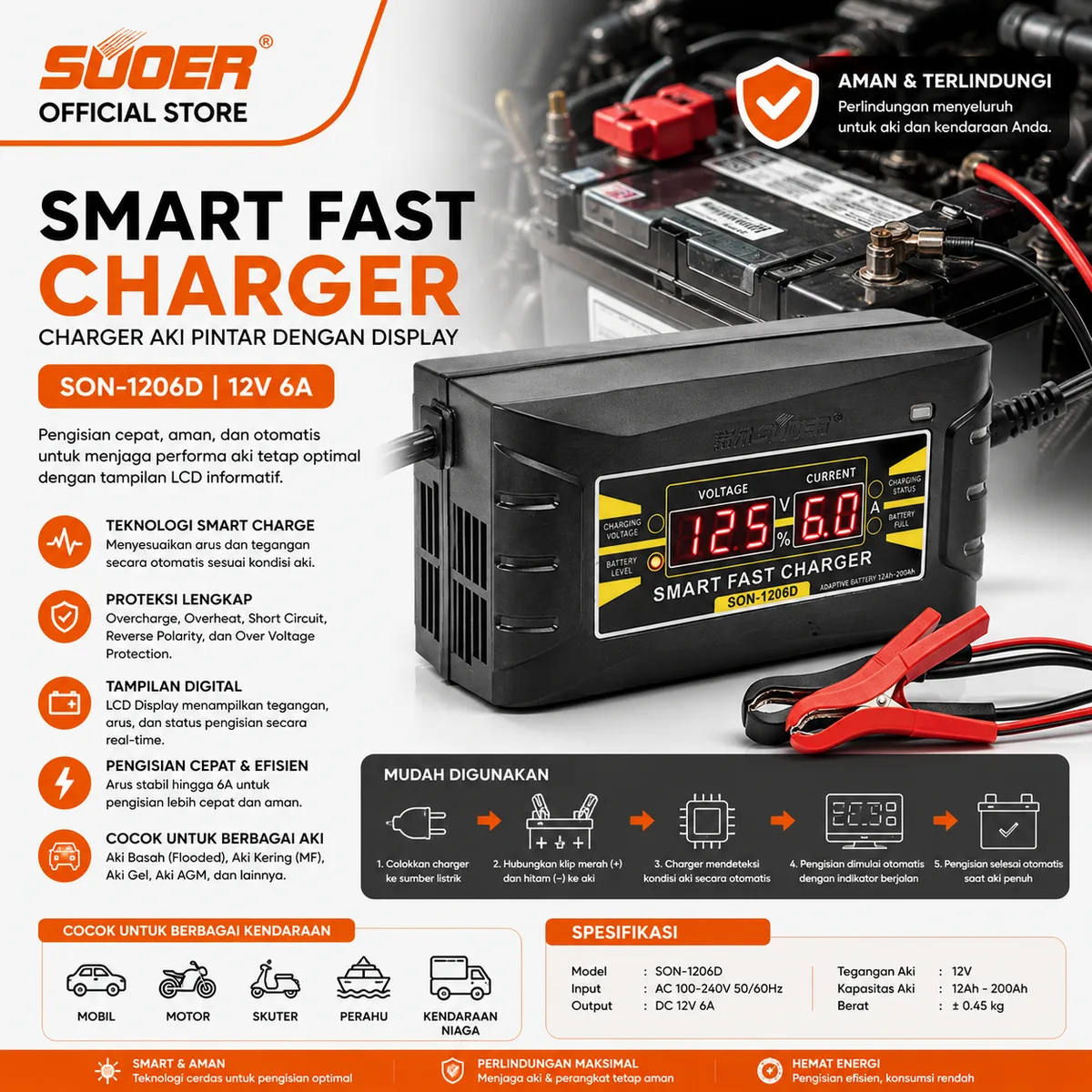 SUOER CHARGER AKI SON-1206D 12V 6A (DISPLAY)