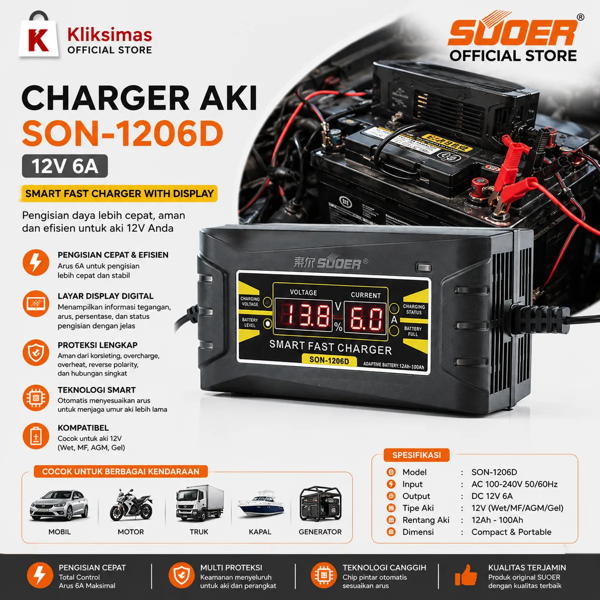 SUOER CHARGER AKI SON-1206D 12V 6A (DISPLAY)