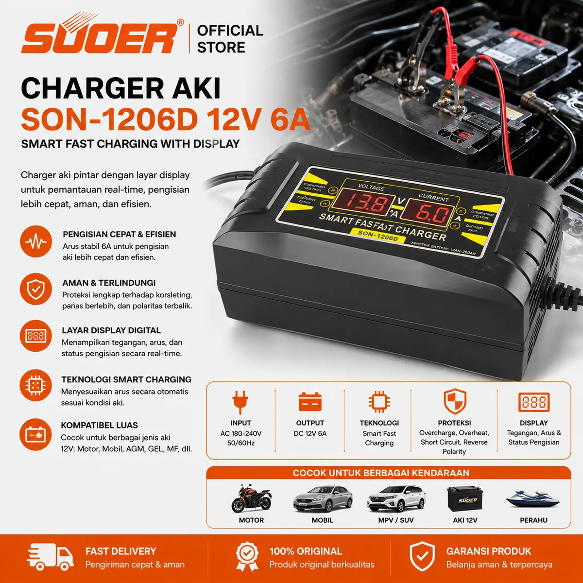SUOER CHARGER AKI SON-1206D 12V 6A (DISPLAY)
