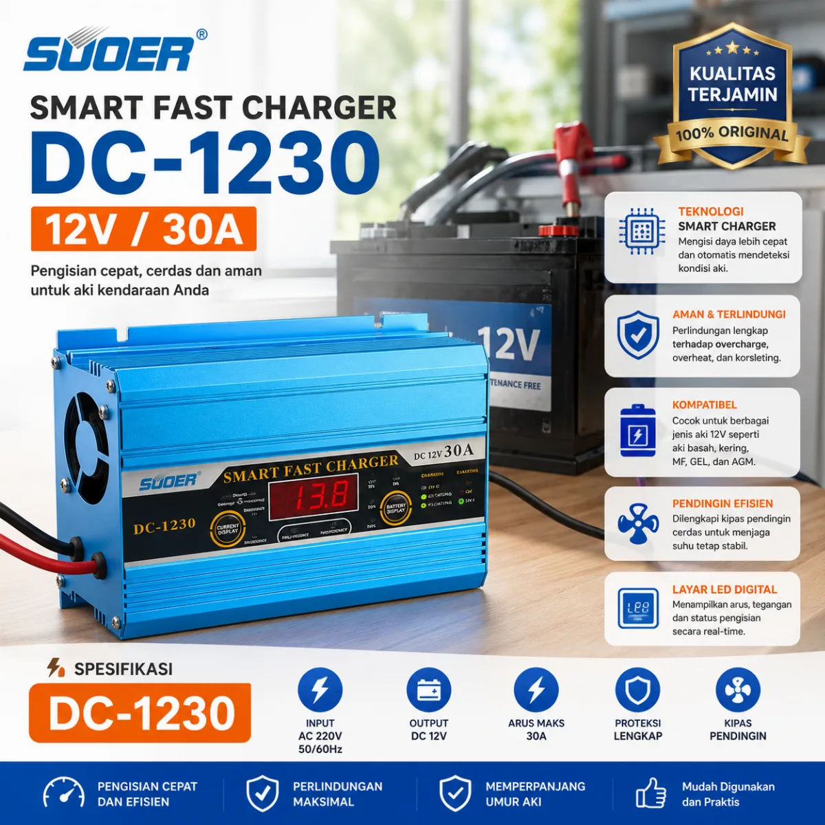 SUOER CHARGER AKI DC-1230 12V 30A DIGITAL DISPLAY