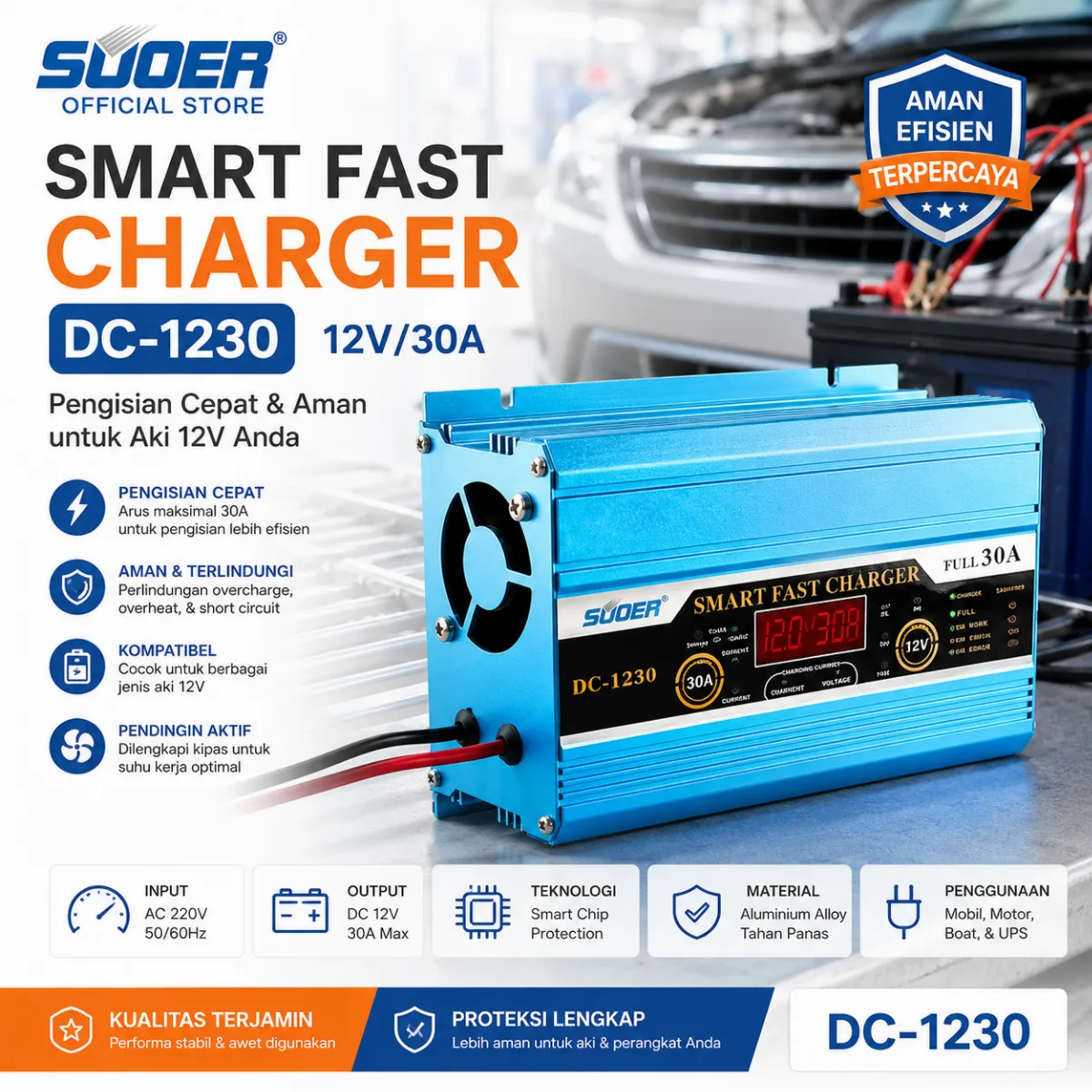SUOER CHARGER AKI DC-1230 12V 30A DIGITAL DISPLAY