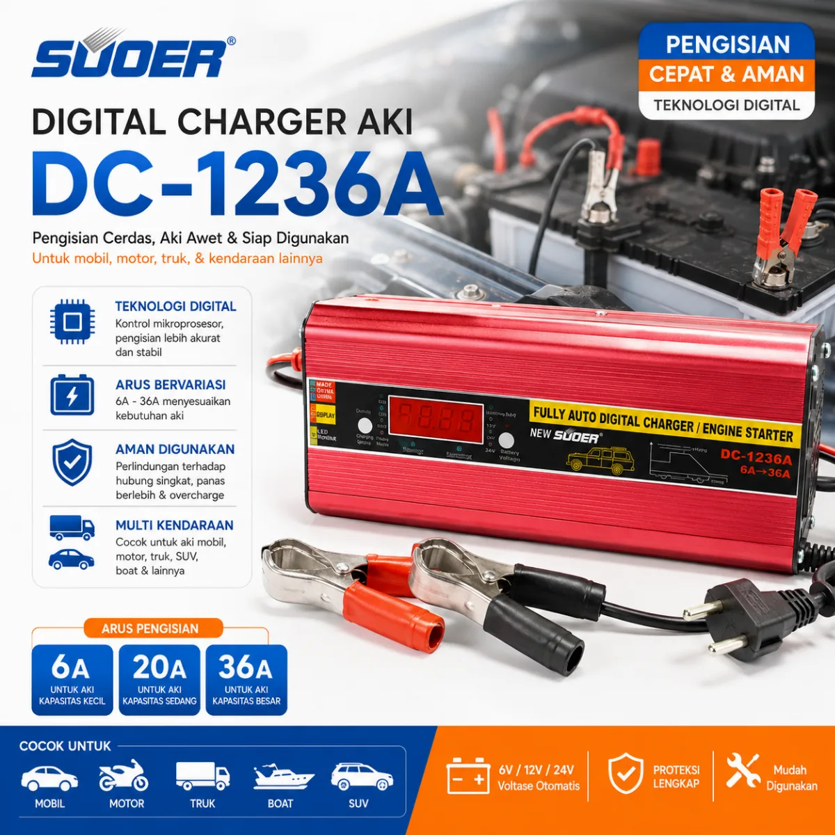SUOER digital charger aki DC-1236A