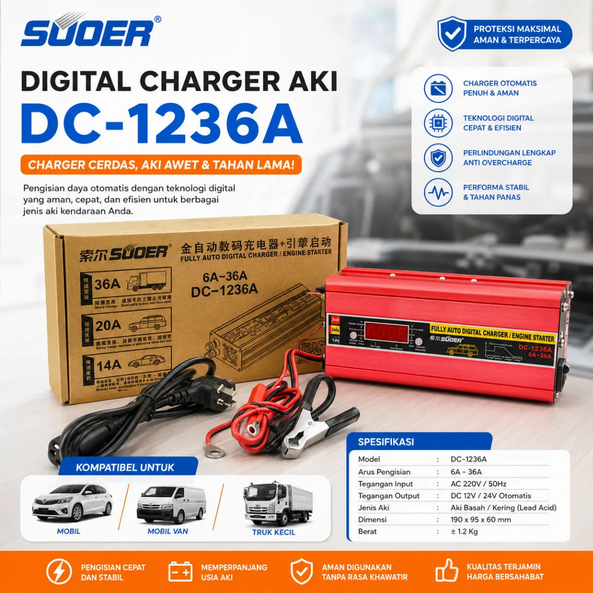 SUOER digital charger aki DC-1236A