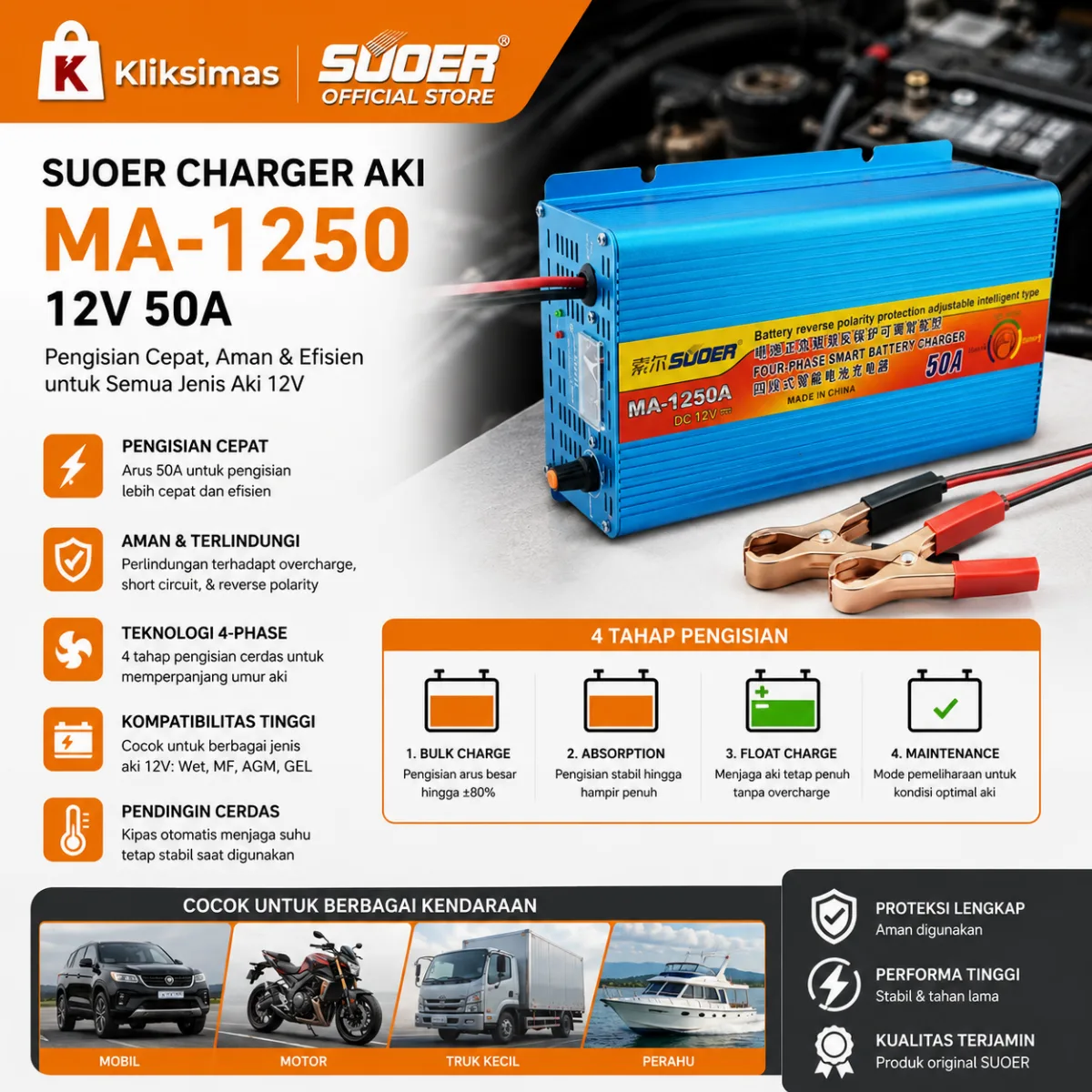 SUOER CHARGER AKI MA-1250 12V 50A