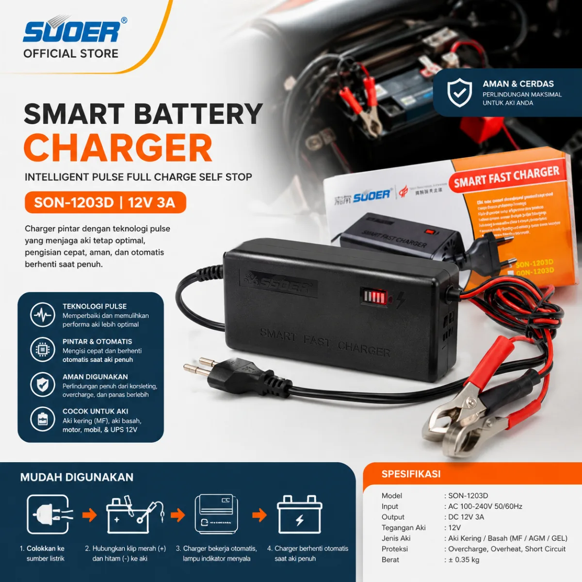 SUOER CHARGER AKI SON-1203D 12V 3A