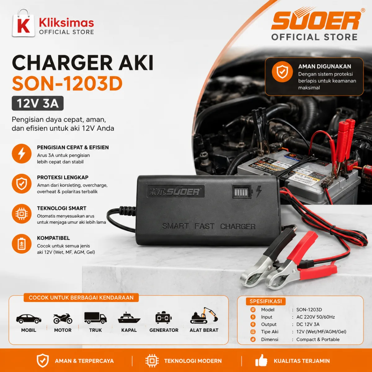 SUOER CHARGER AKI SON-1203D 12V 3A