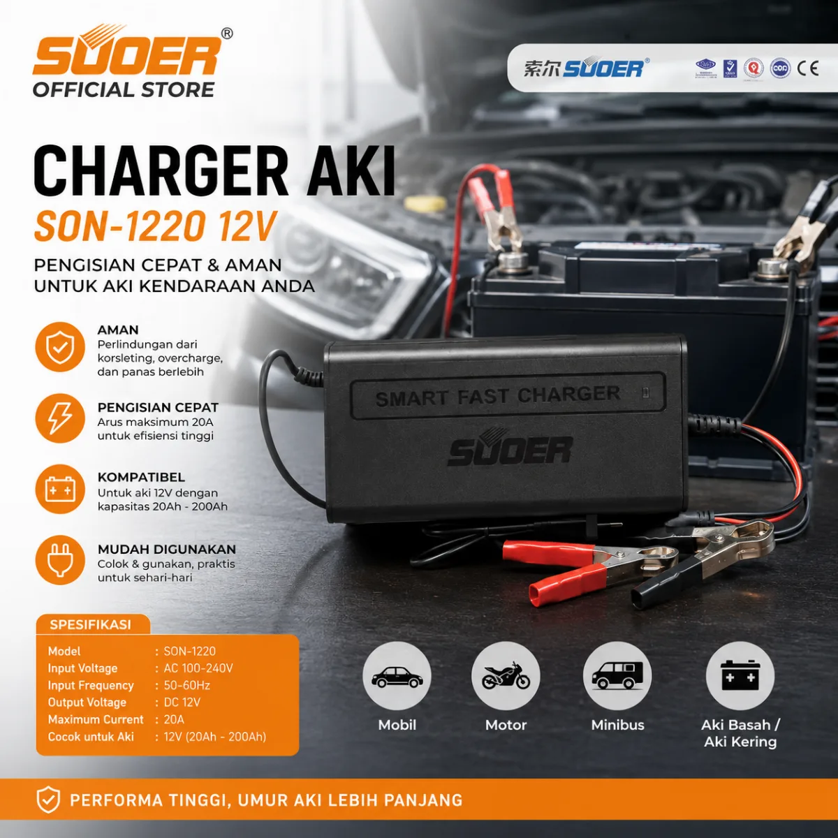 SUOER CHARGER AKI SON-1220 12V