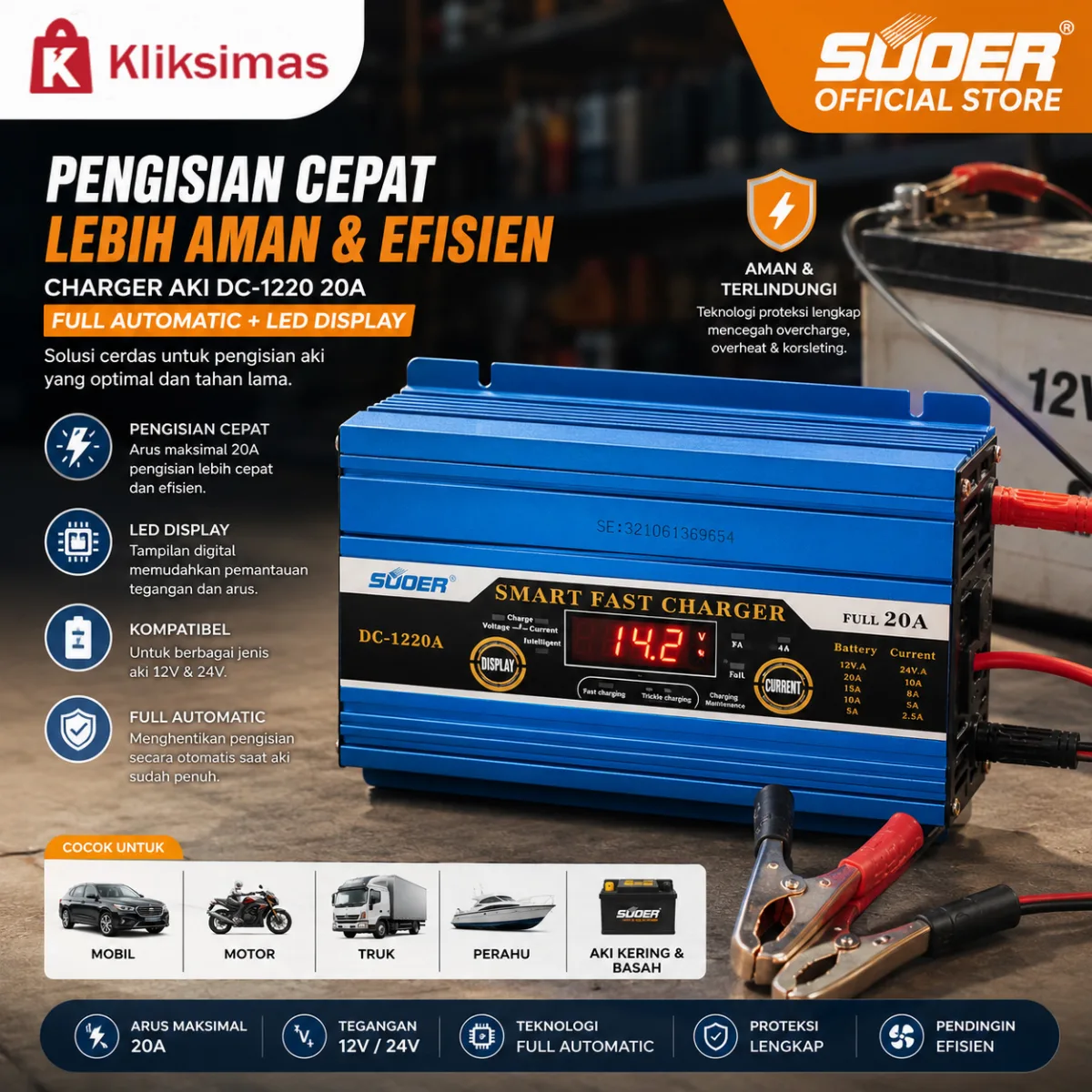 CHARGER AKI DC-1220 20A FULL AUTOMATIC+LED DISPLAY SUOER