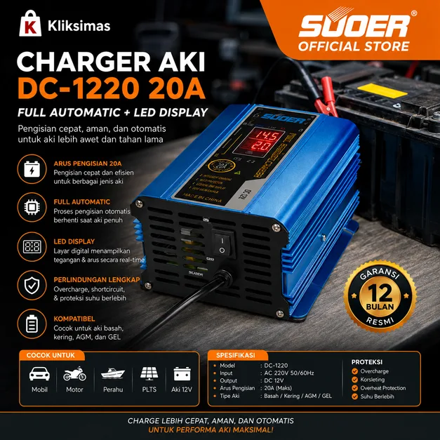 CHARGER AKI DC-1220 20A FULL AUTOMATIC+LED DISPLAY SUOER