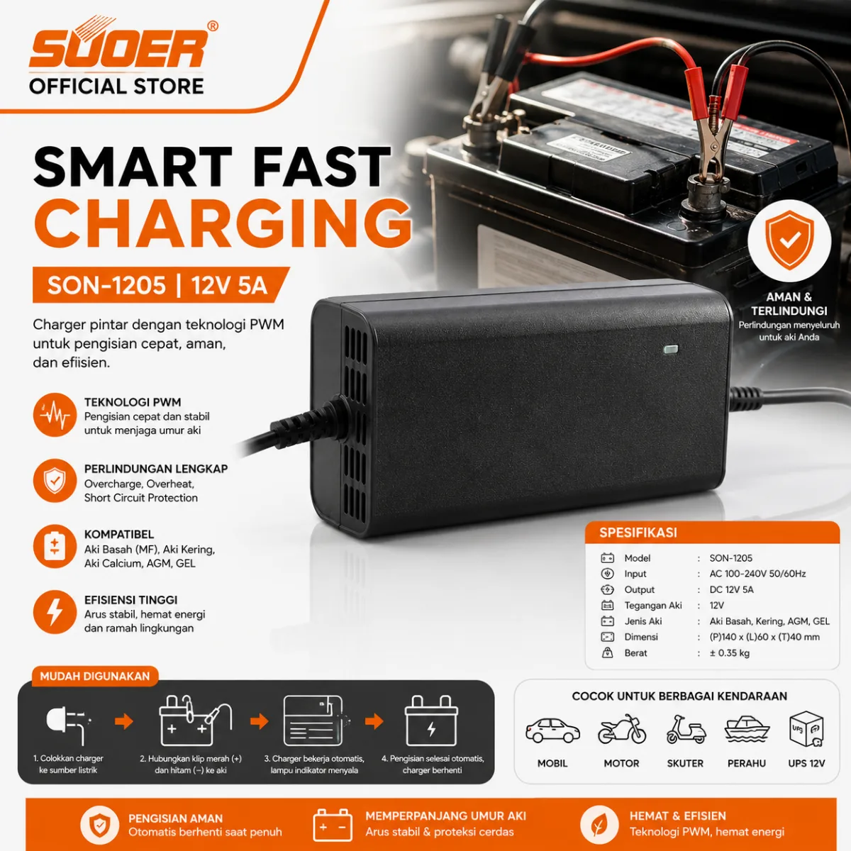 SUOER CHARGER AKI SON-1205 12V 5A (SMART FAST CHARGING)