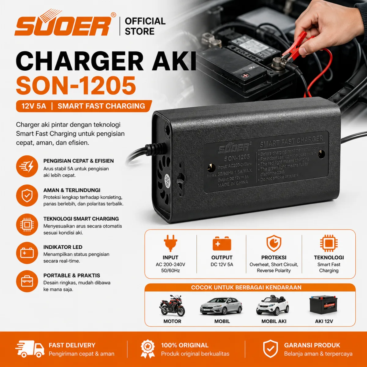 SUOER CHARGER AKI SON-1205 12V 5A (SMART FAST CHARGING)