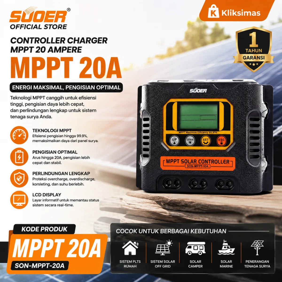 SUOER Controller Charger MPPT 20A 12V/24V