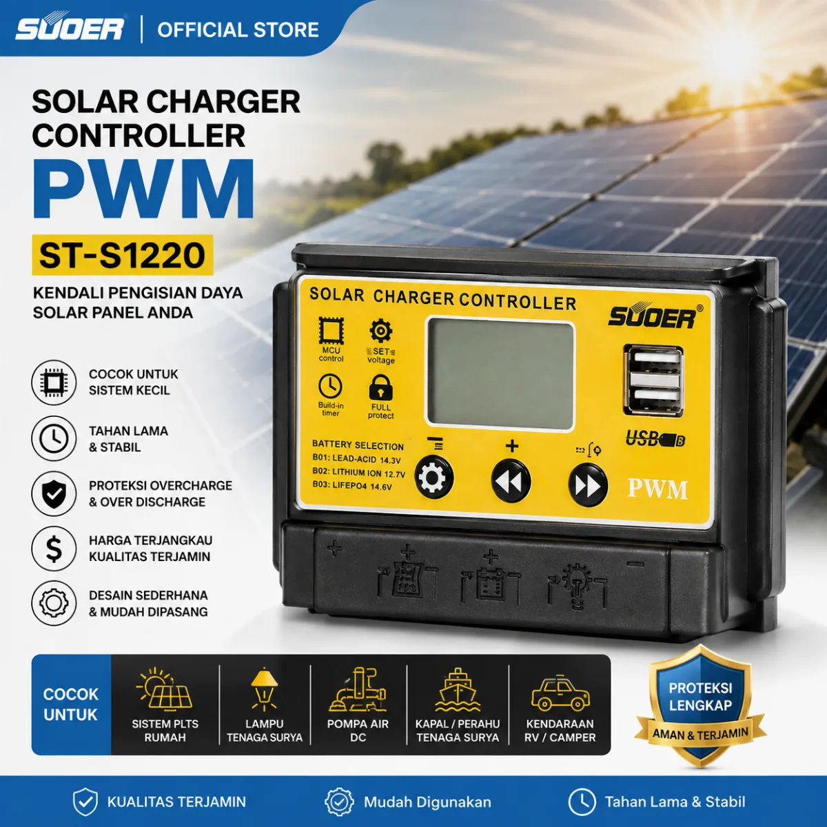SUOER Solar Charge Controller ST-S1220 PWM 20A