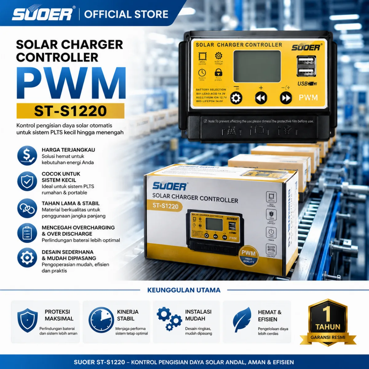 SUOER Solar Charge Controller ST-S1220 PWM 20A
