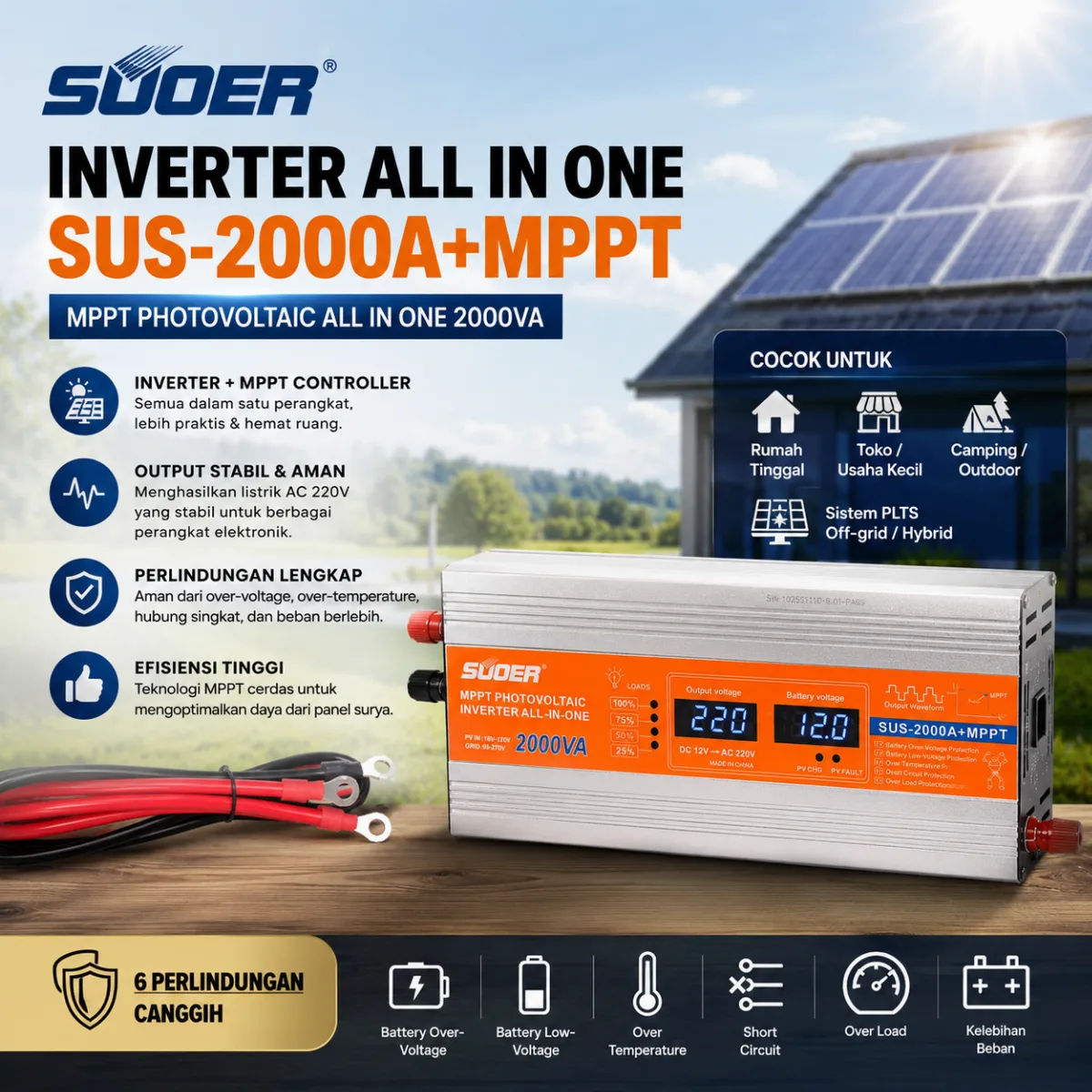 SUOER INVENTER SUS-2000A+MPPT CONTROLLER CHARGER ALL IN ONE 12V