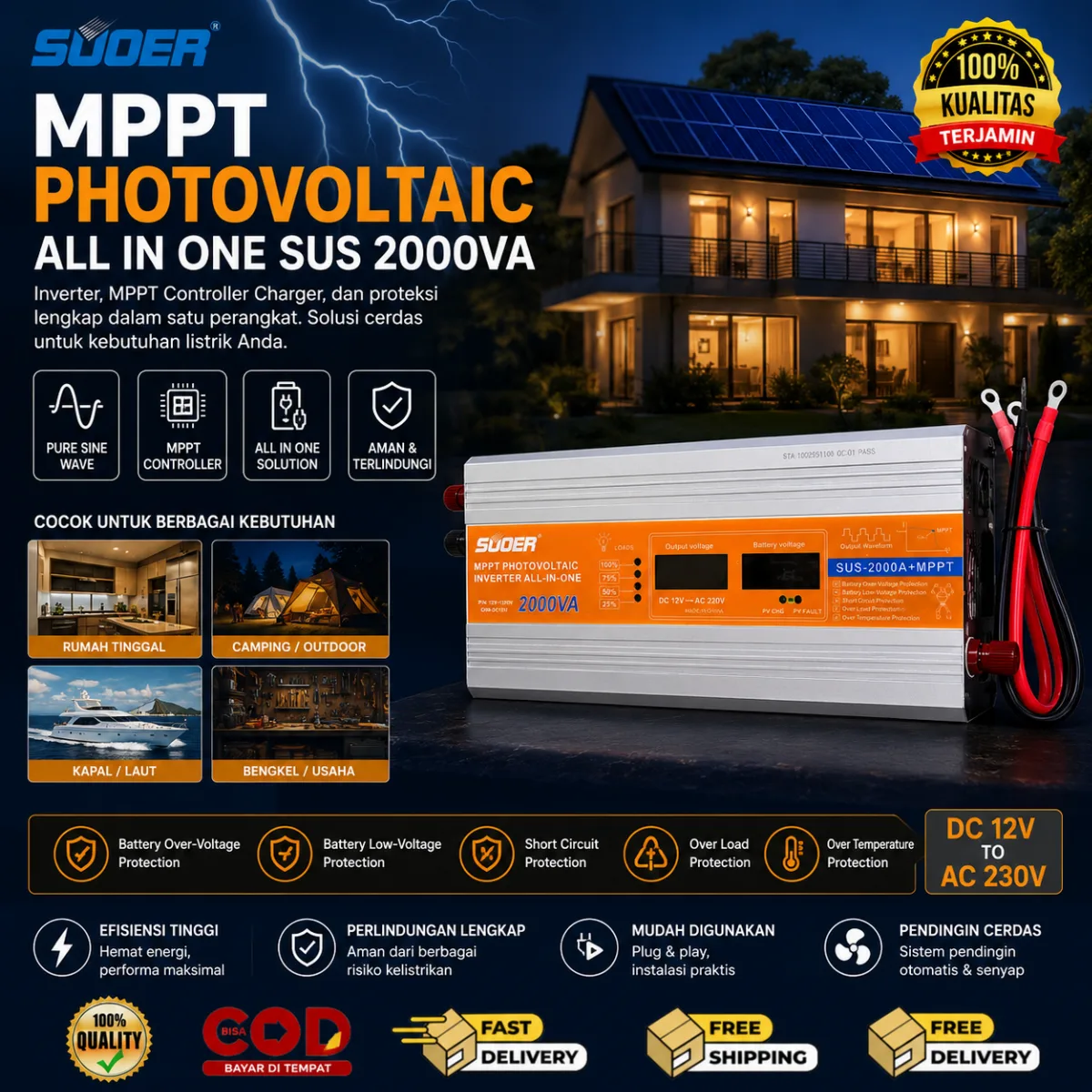 SUOER INVENTER SUS-2000A+MPPT CONTROLLER CHARGER ALL IN ONE 12V