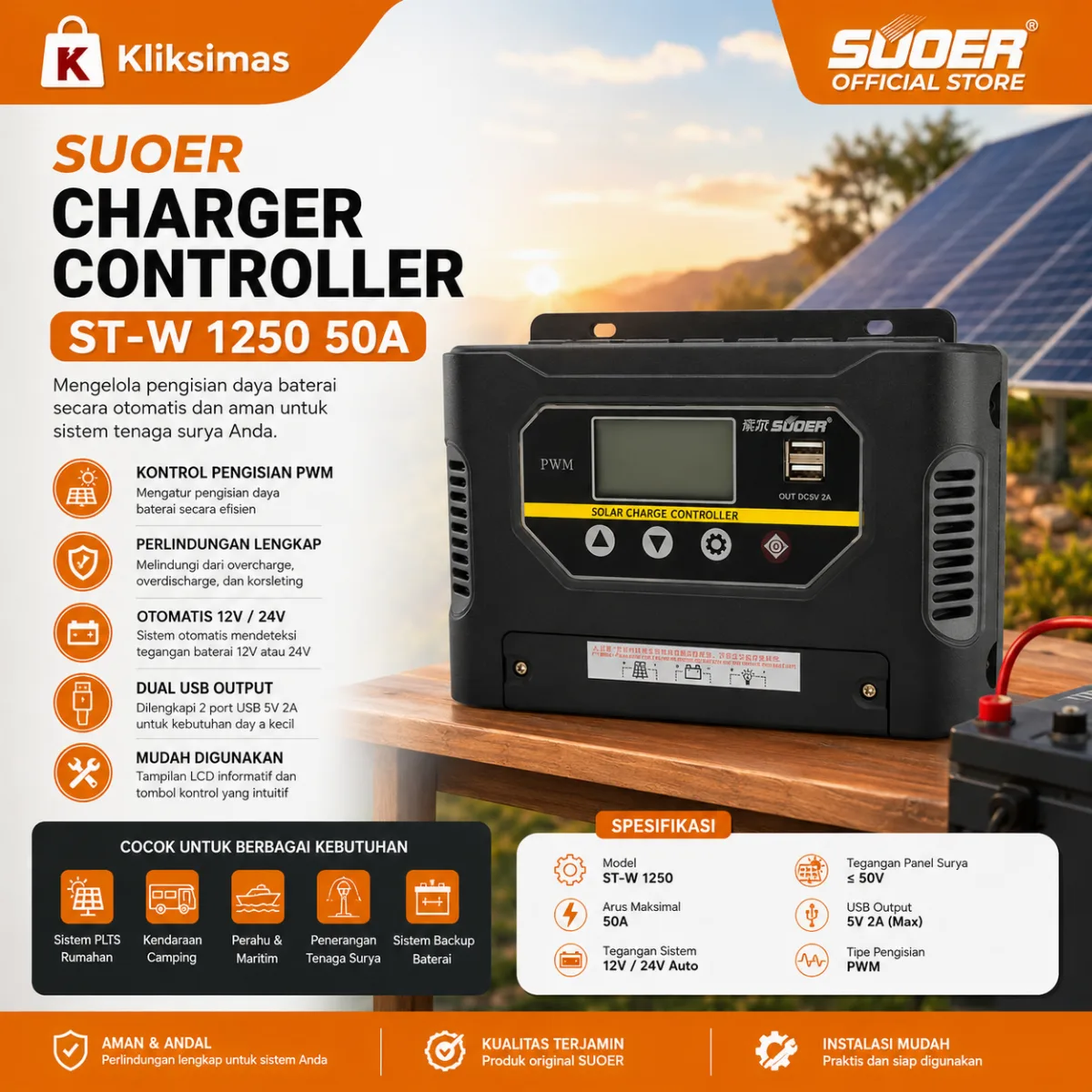SUOER Controller Charger ST-W 1250 50A PWM Solar Charge Controller