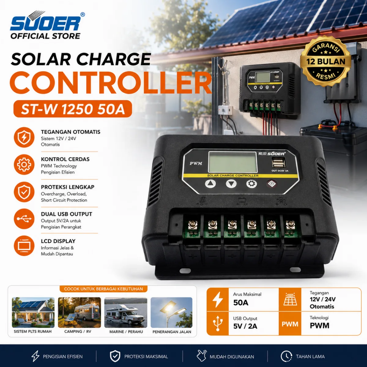 SUOER Controller Charger ST-W 1250 50A PWM Solar Charge Controller
