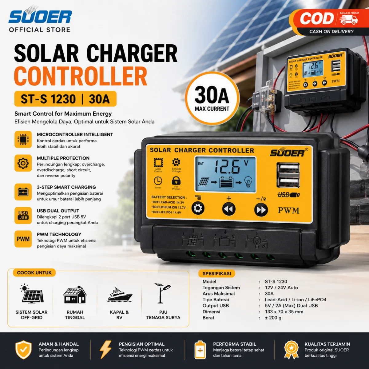 SUOER CONTROLLER CHARGER ST-S 1230 30 AMPERE