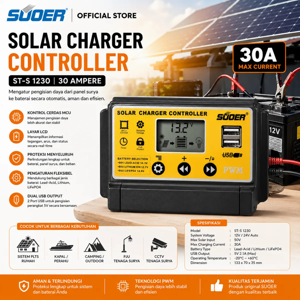 SUOER CONTROLLER CHARGER ST-S 1230 30 AMPERE