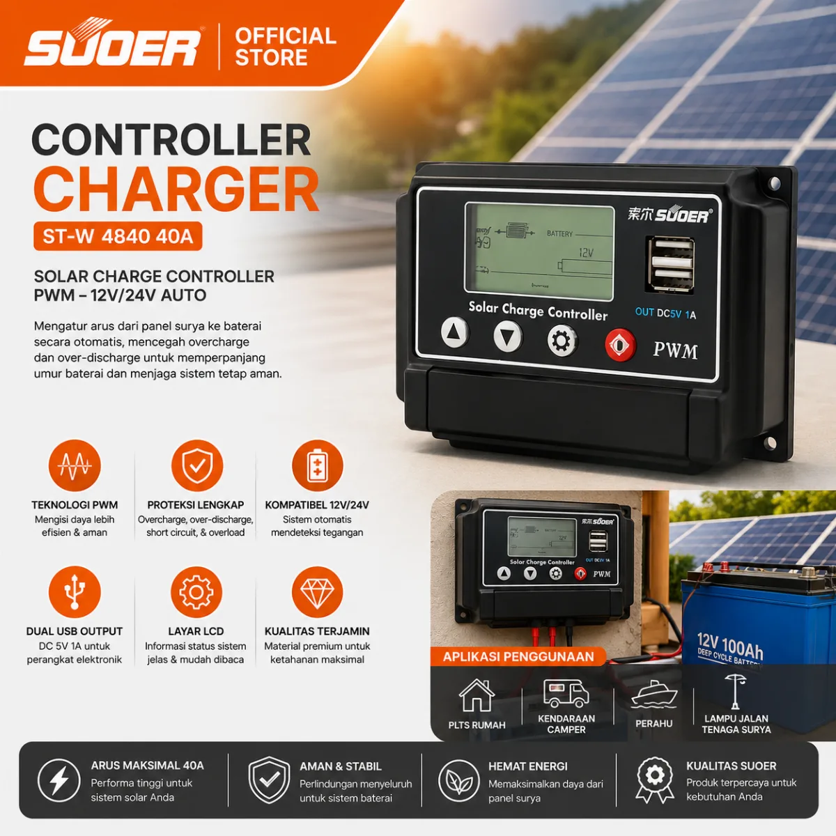 SUOER Solar Charge Controller ST-W 4840 40A PWM