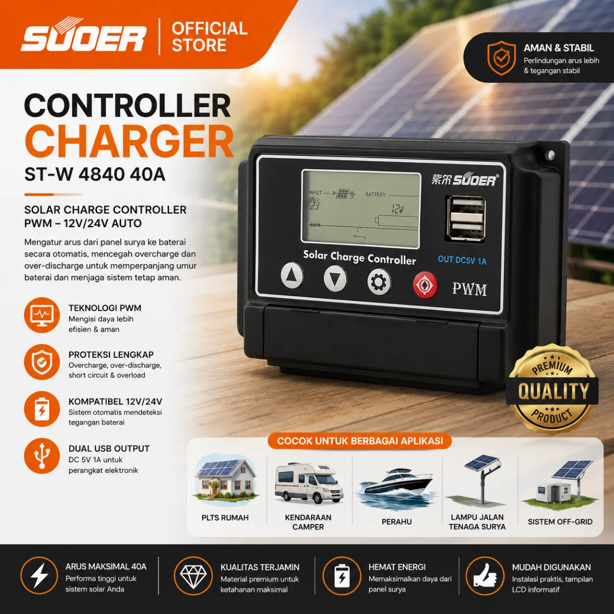 SUOER Solar Charge Controller ST-W 4840 40A PWM