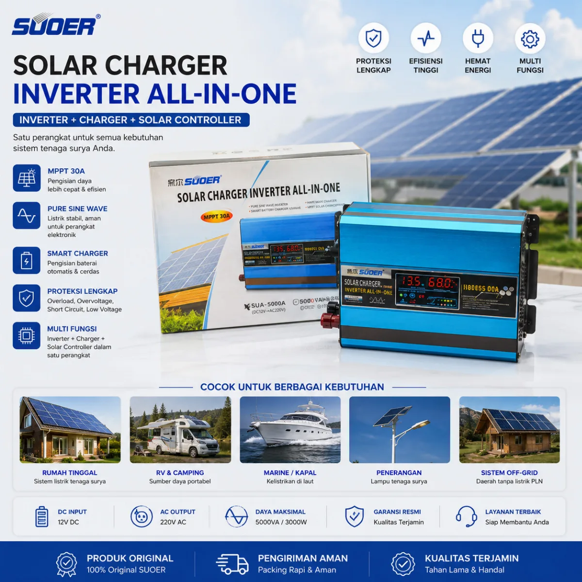 SUOER Power Inverter 1000 Watt + Solar Controller Charger SUS 1000