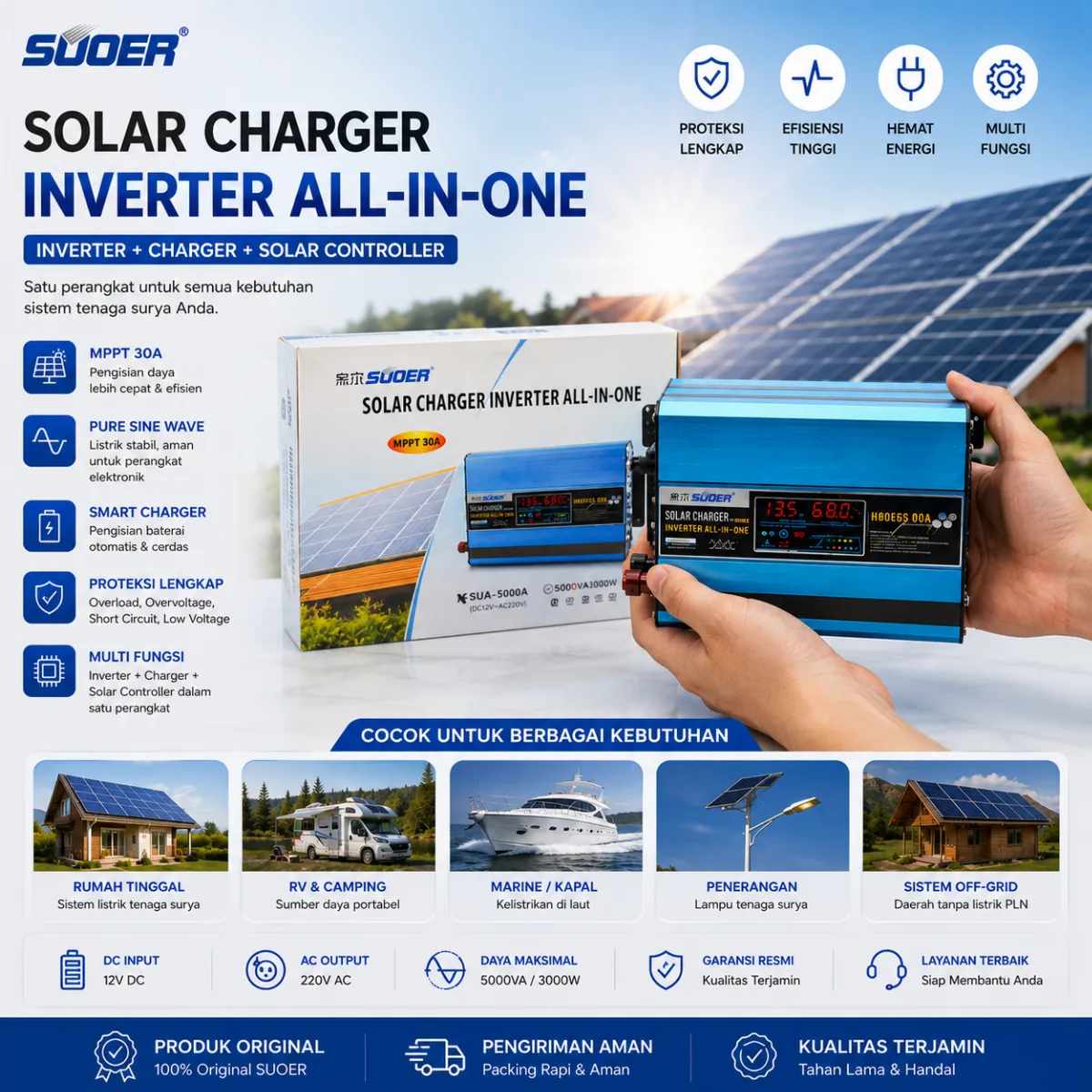 SUOER Power Inverter 1000 Watt + Solar Controller Charger SUS 1000
