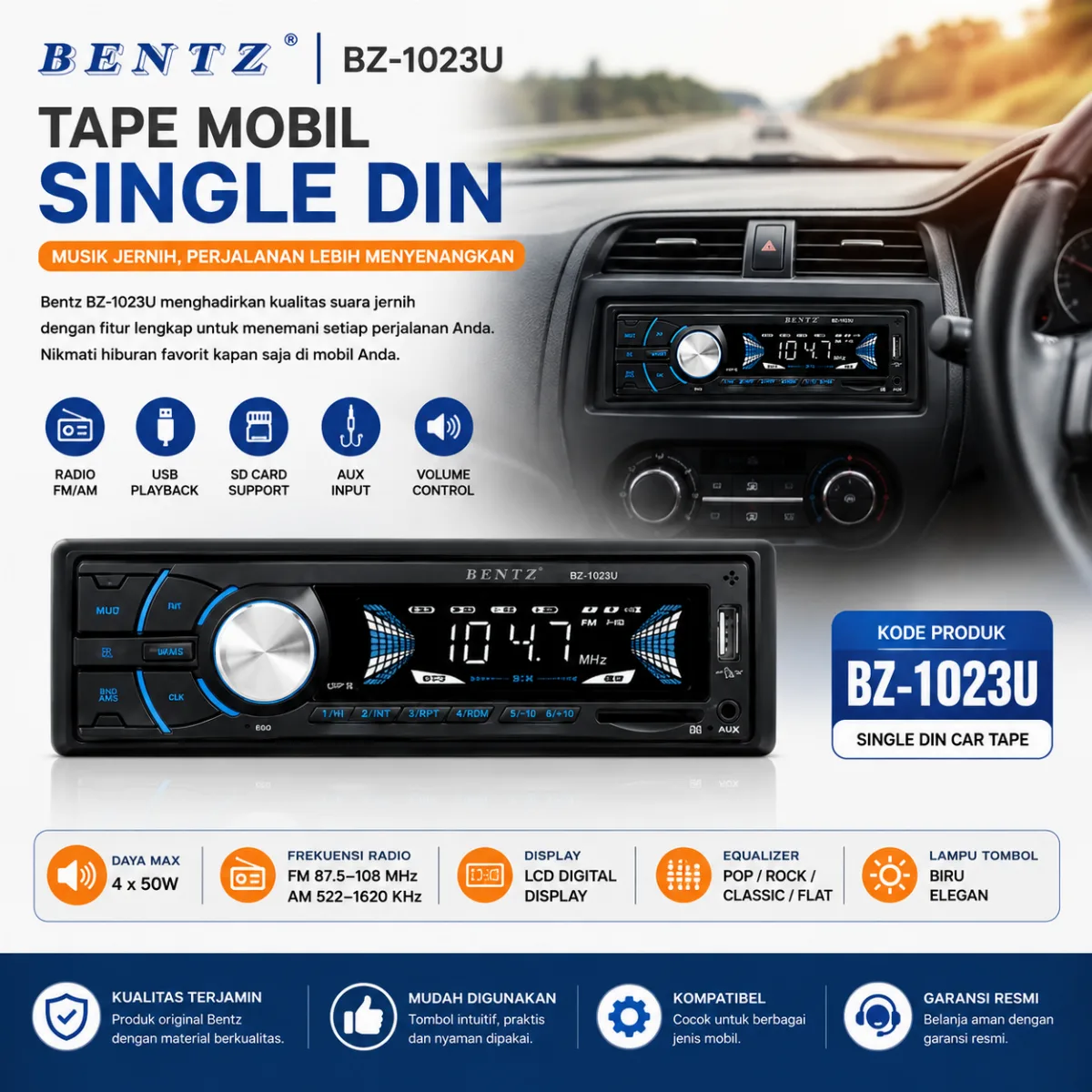BENTZ BZ-1023U TAPE MOBIL SINGLE DIN / HEAD UNIT MOBIL