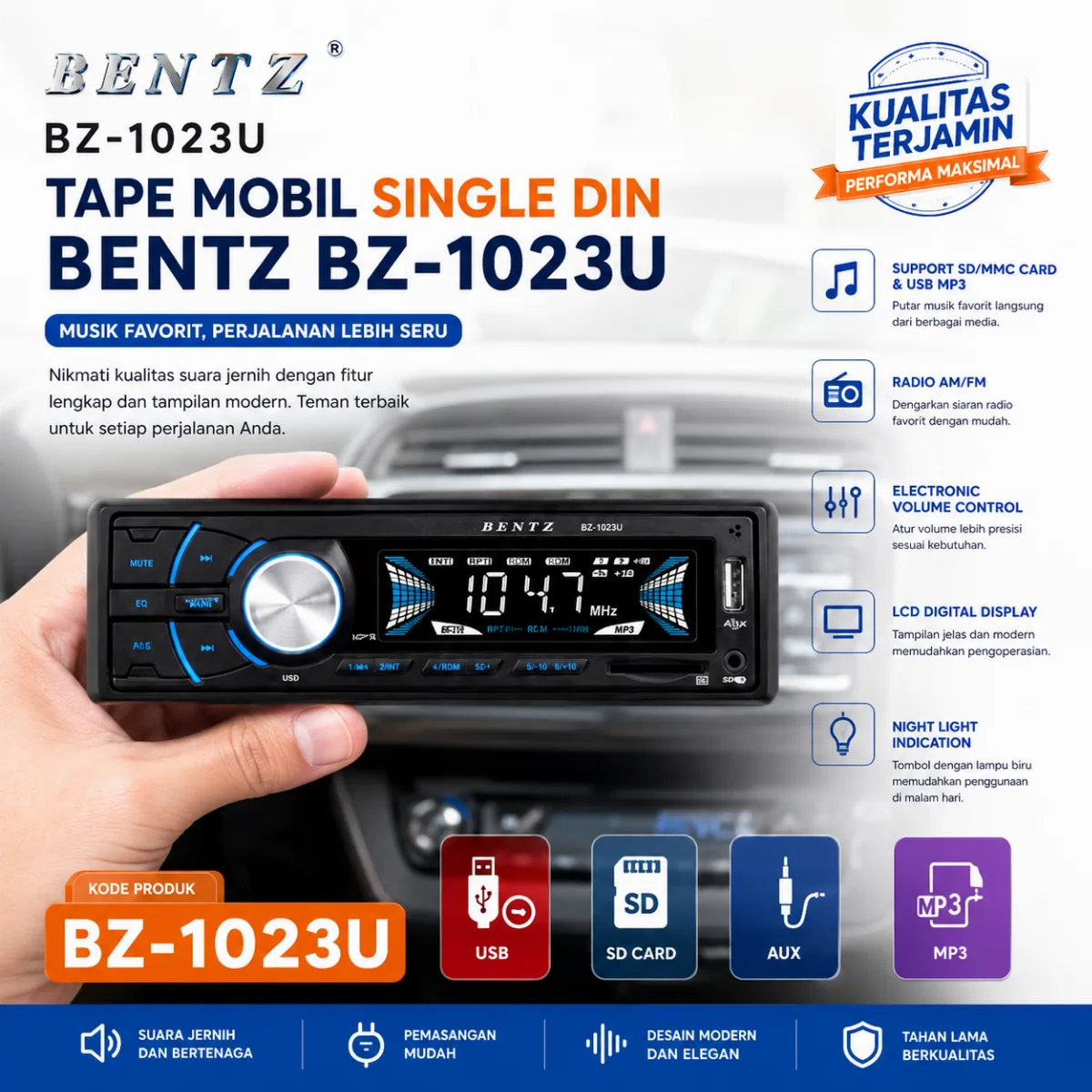 BENTZ BZ-1023U TAPE MOBIL SINGLE DIN / HEAD UNIT MOBIL