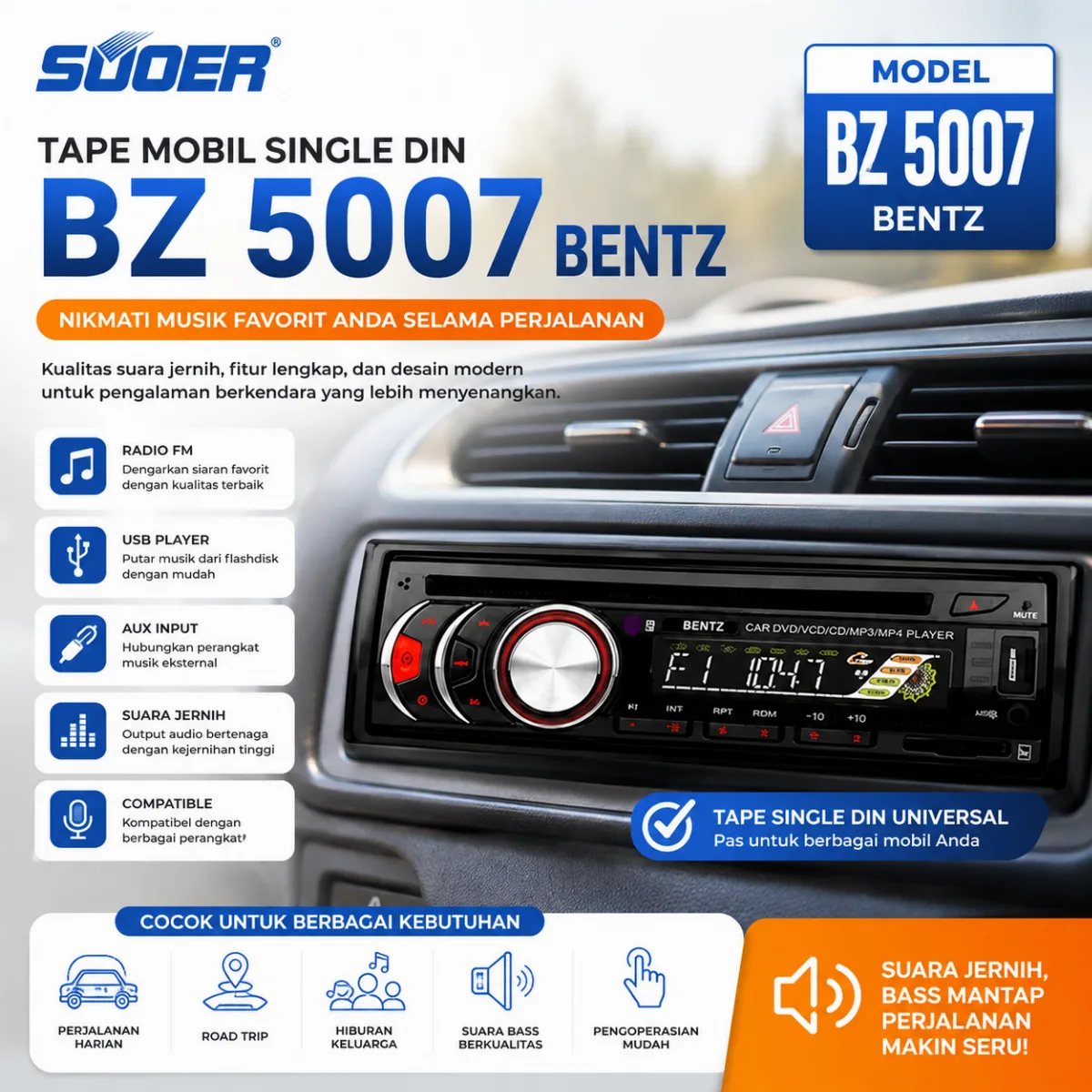 TAPE MOBIL SINGLE DIN BZ-5007 BENTZ