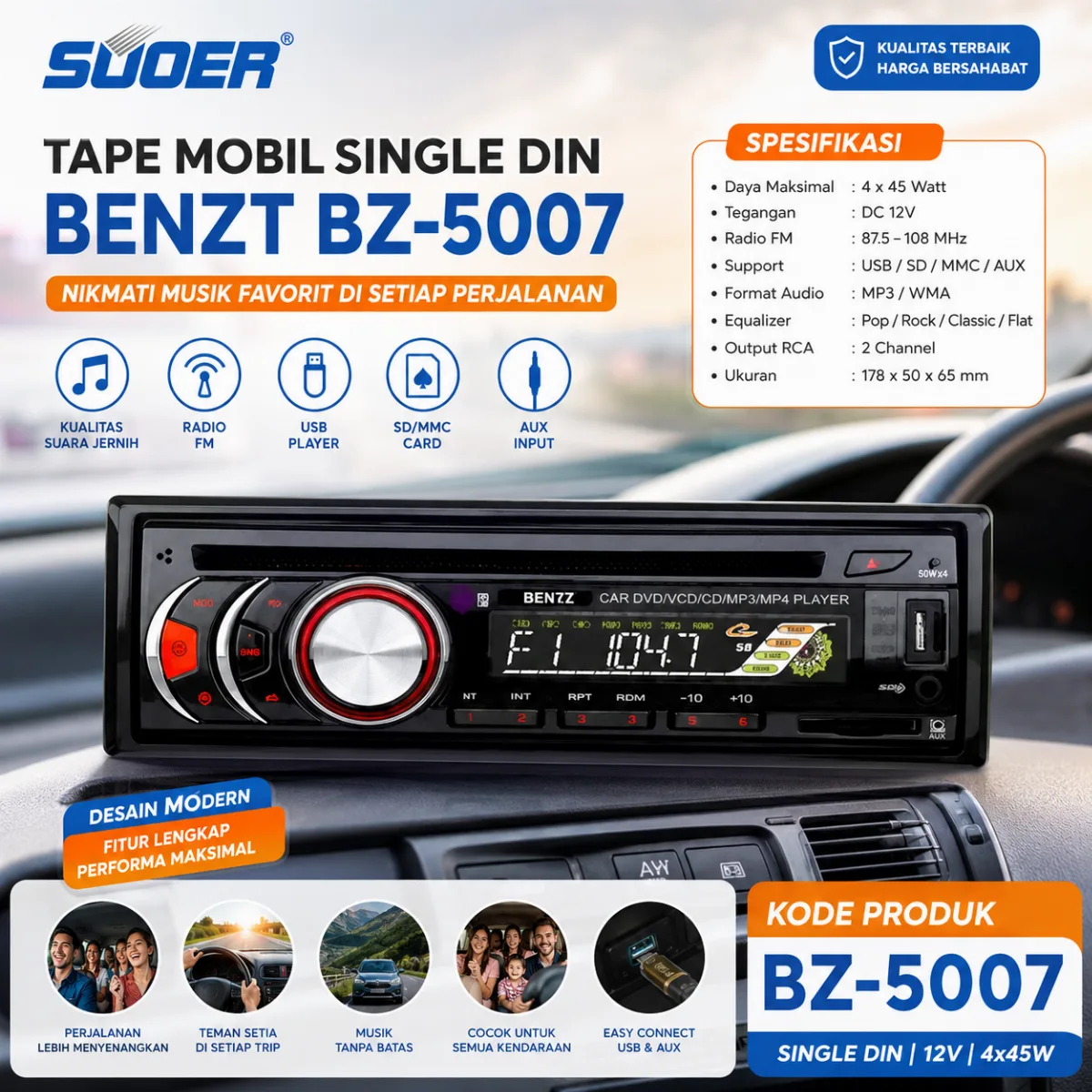 TAPE MOBIL SINGLE DIN BZ-5007 BENTZ