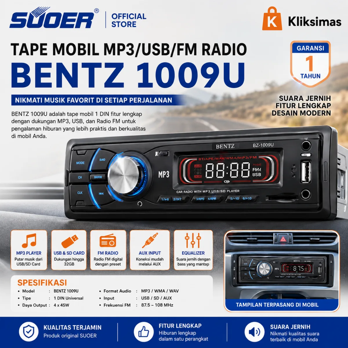 TAPE MOBIL MP3 / USB / FM RADIO BENTZ 1009U