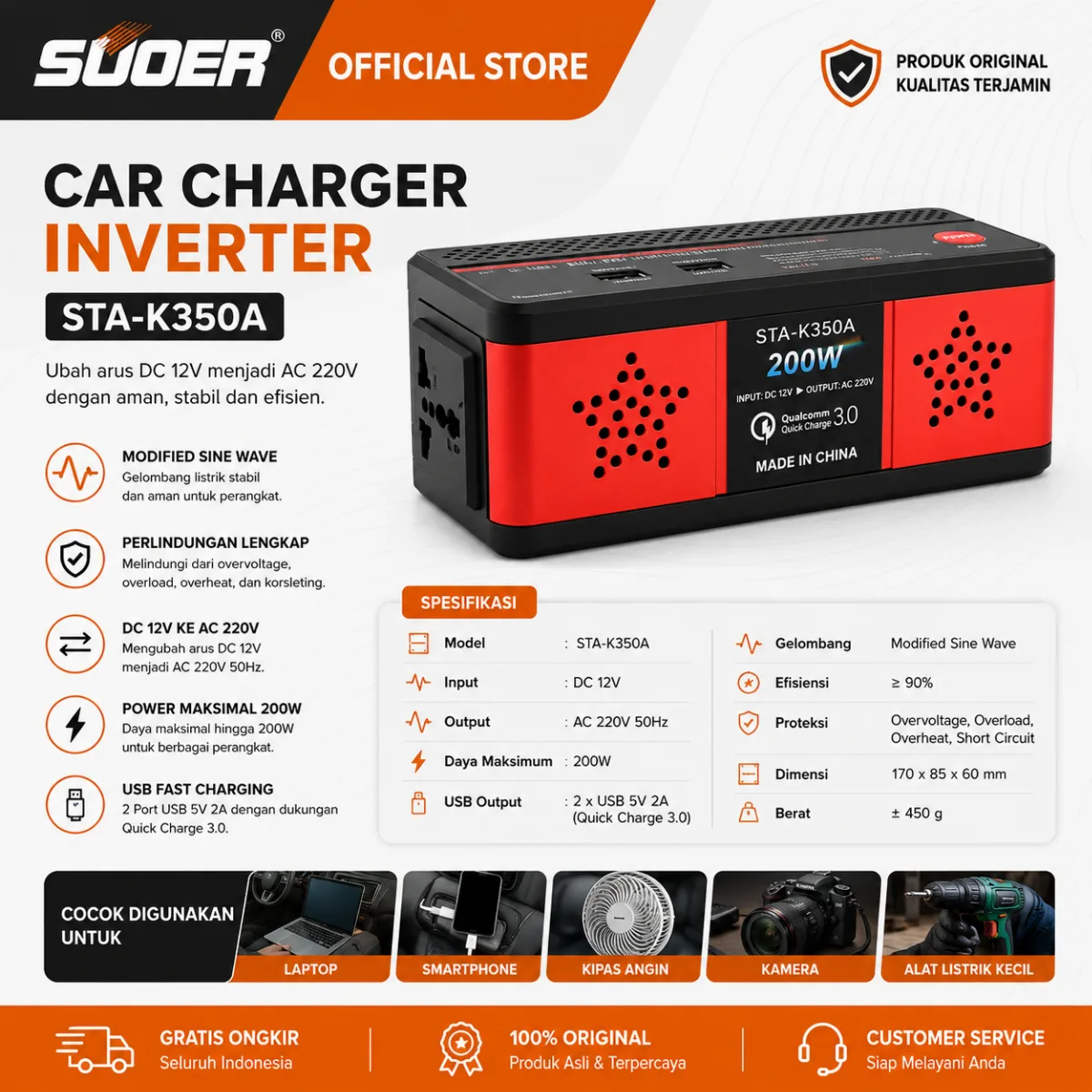 SUOER INVERTER PORTABLE STA-K 350 WATT 12 VOLT