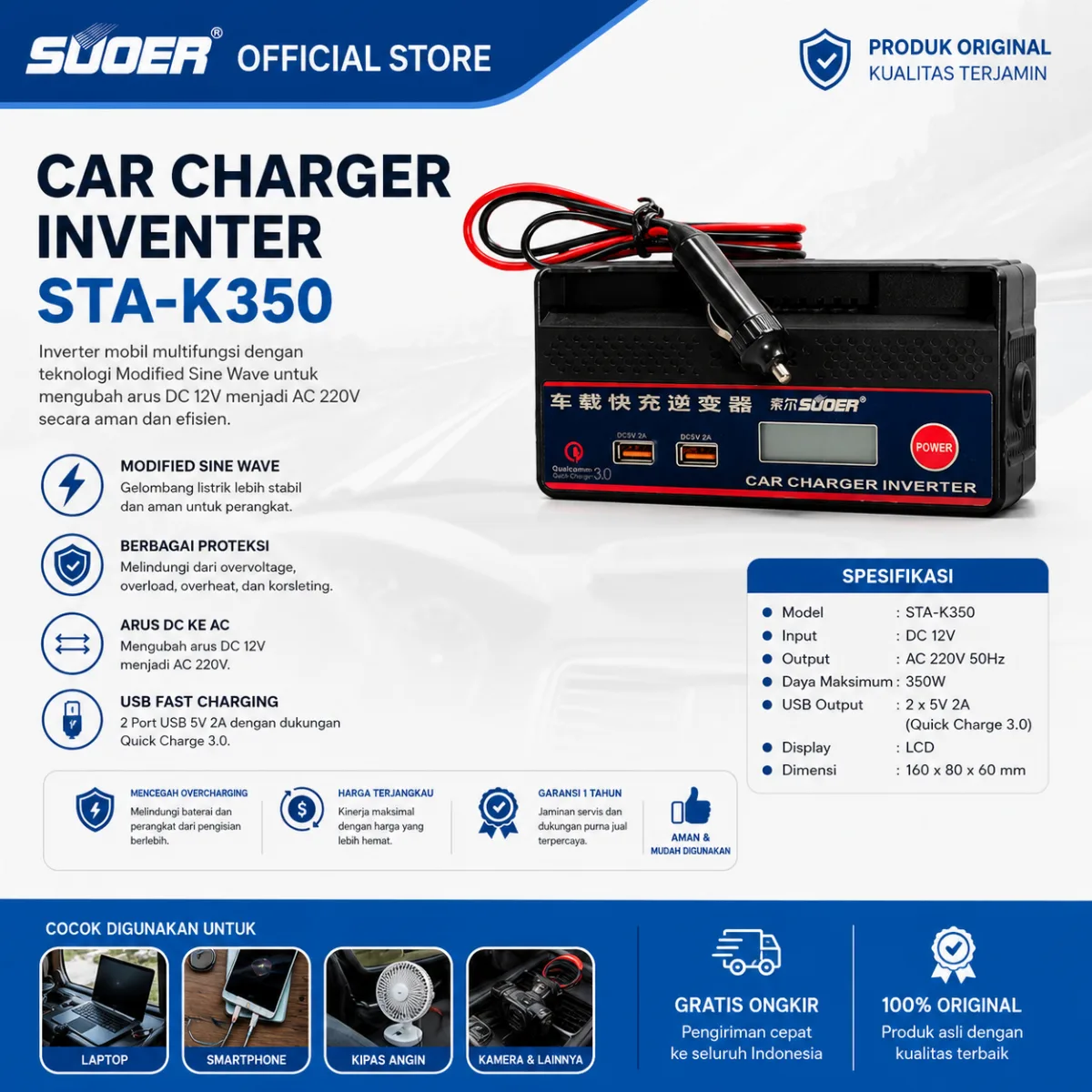 SUOER INVERTER PORTABLE STA-K 350 WATT 12 VOLT
