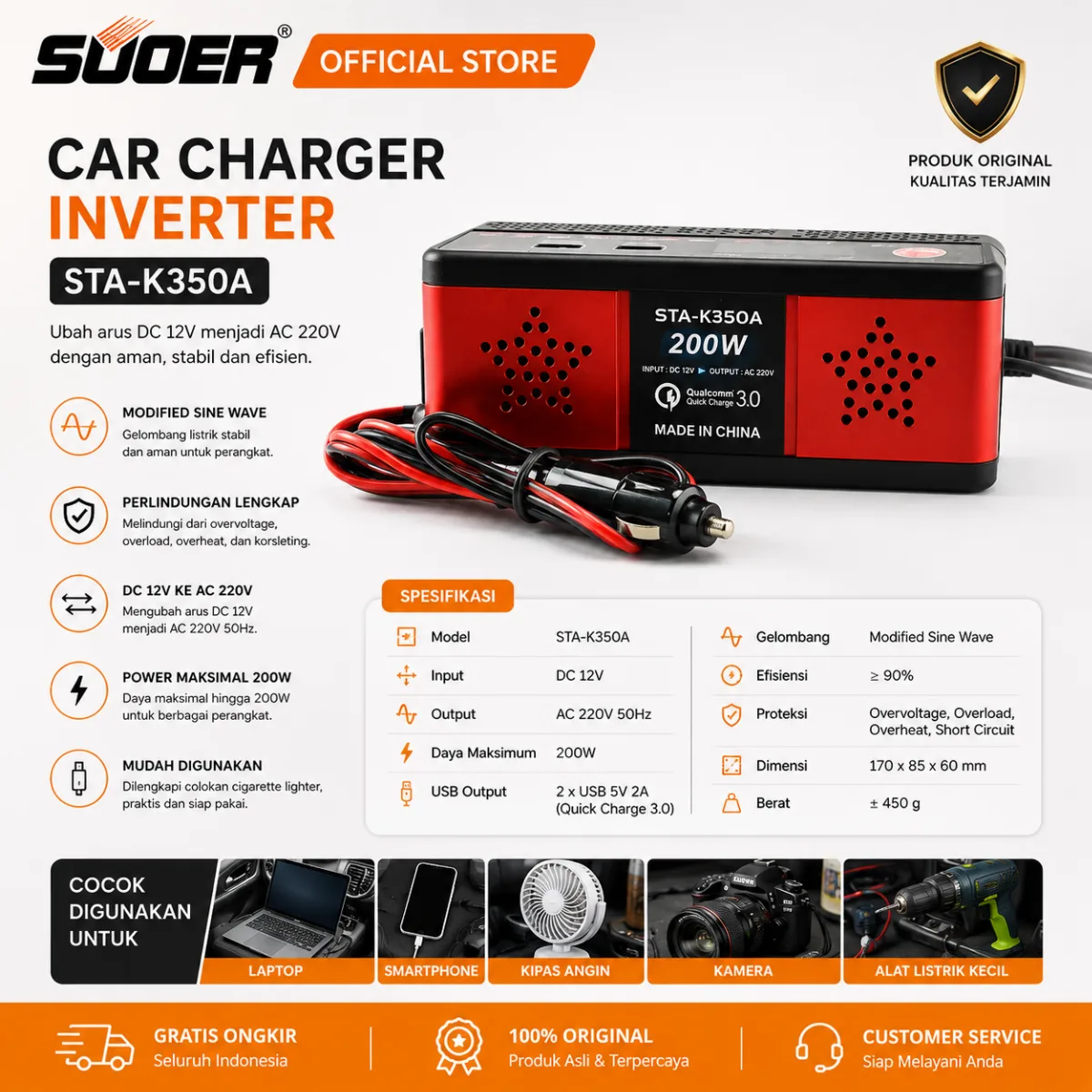 SUOER INVERTER PORTABLE STA-K 350 WATT 12 VOLT