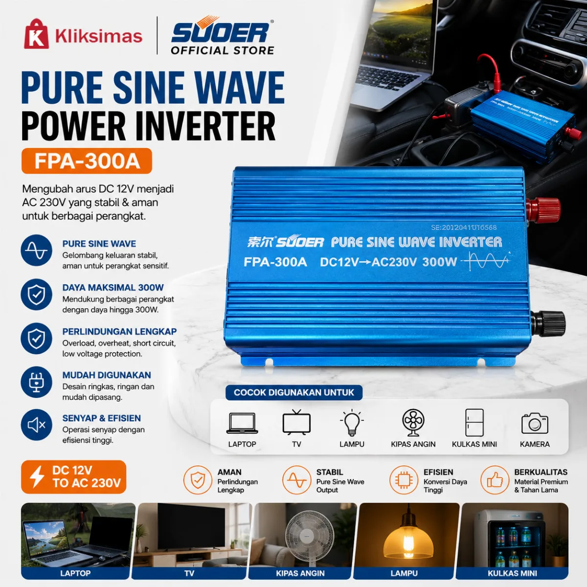 SUOER INVERTER FPA 300W 12 VOLT PURE SINE WAVE