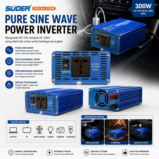 SUOER INVERTER FPA 300W 12 VOLT PURE SINE WAVE
