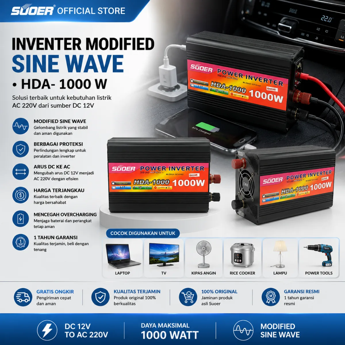 SUOER INVERTER HDA 1000 WATT MODIFIED SINE WAVE