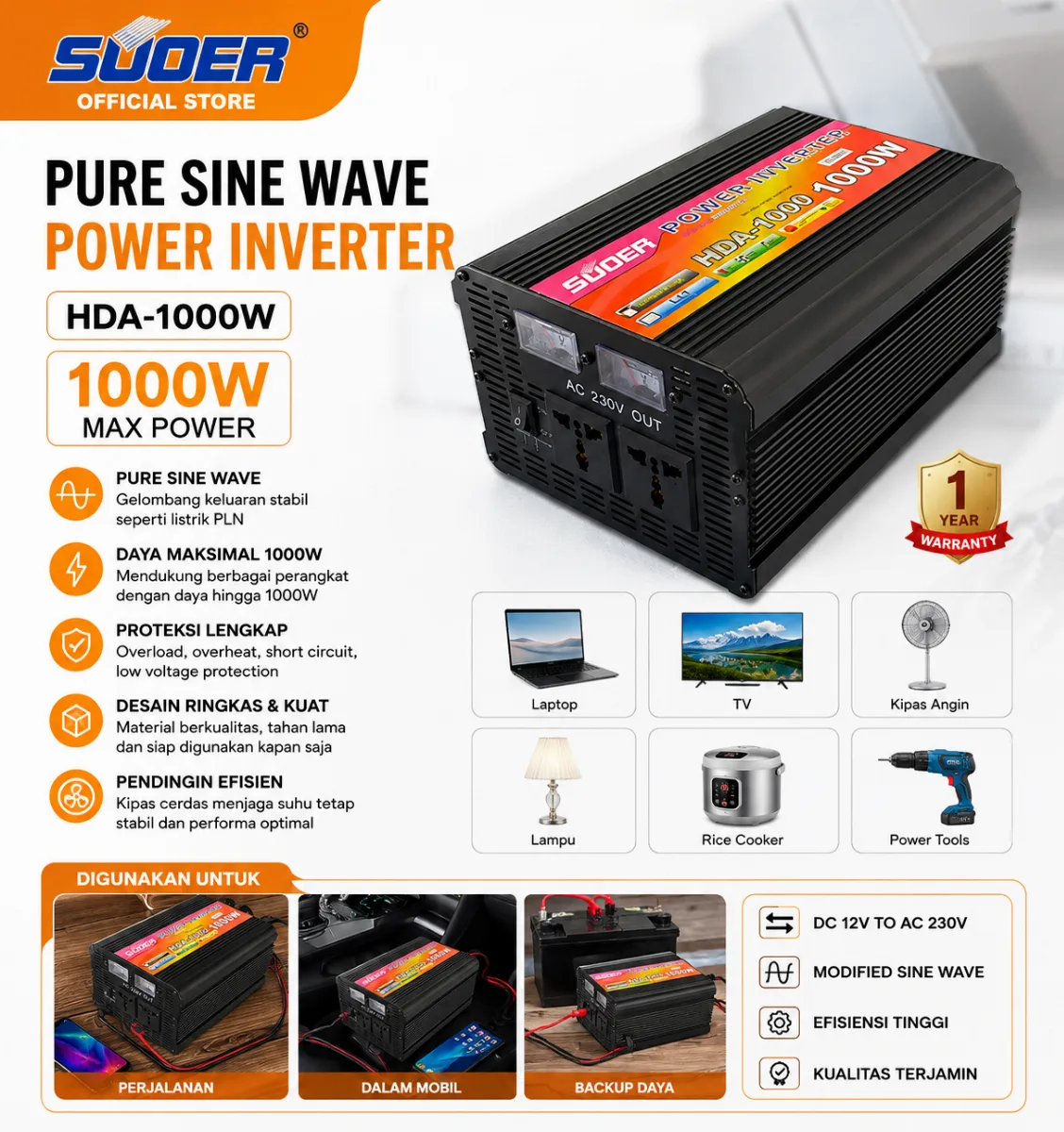 SUOER INVERTER HDA 1000 WATT MODIFIED SINE WAVE