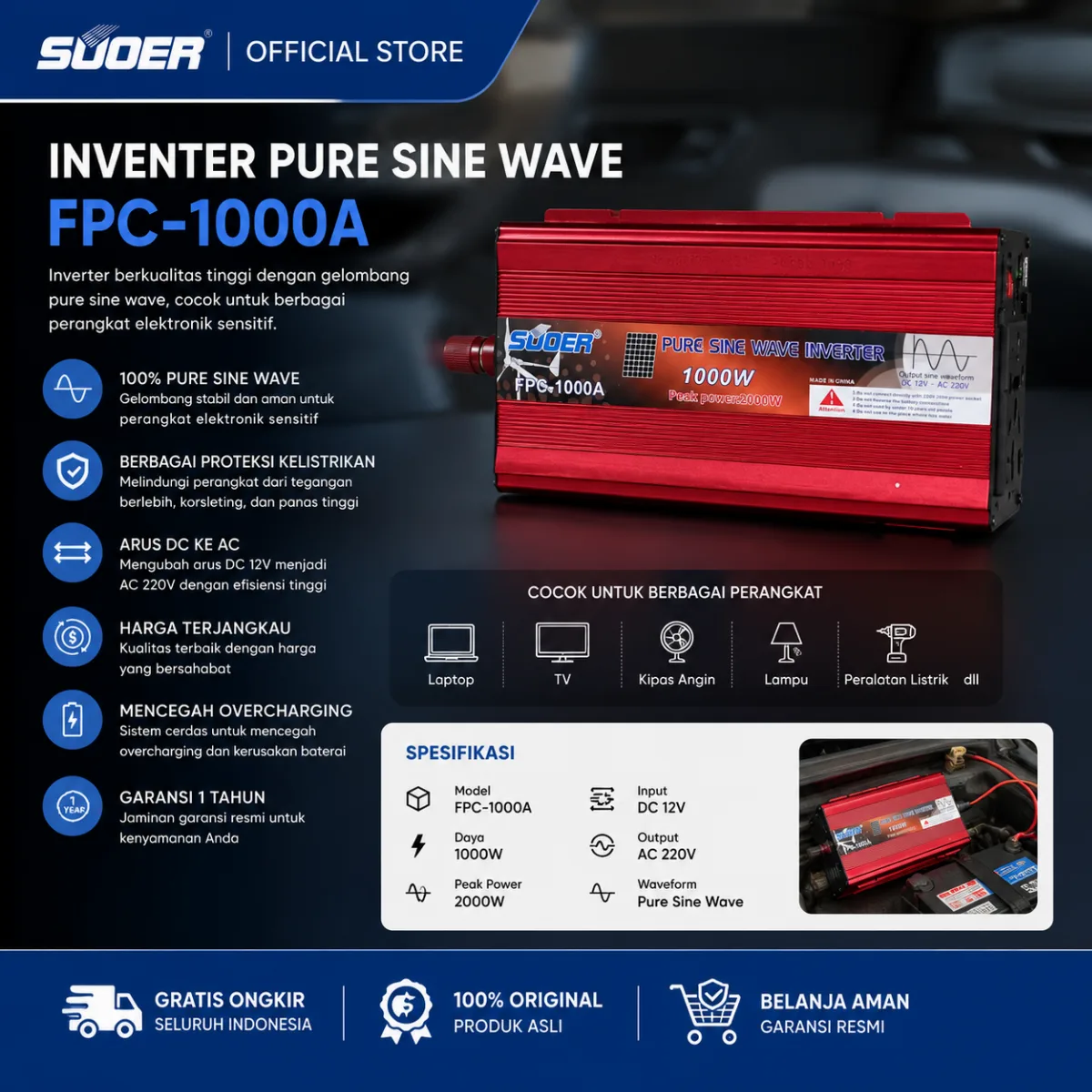 Suoer Inverter FPC 1000 12V Sinus Murni