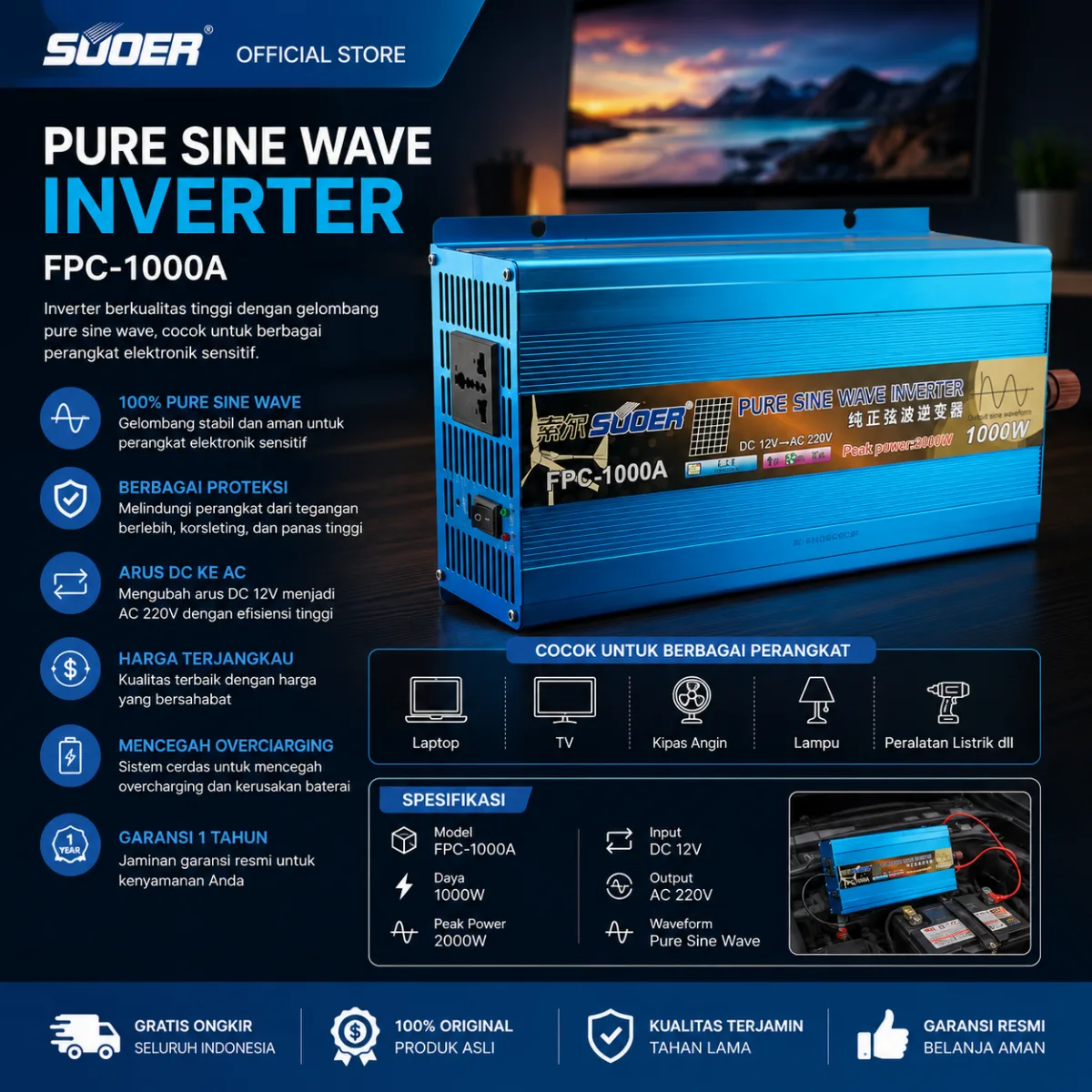 Suoer Inverter FPC 1000 12V Sinus Murni