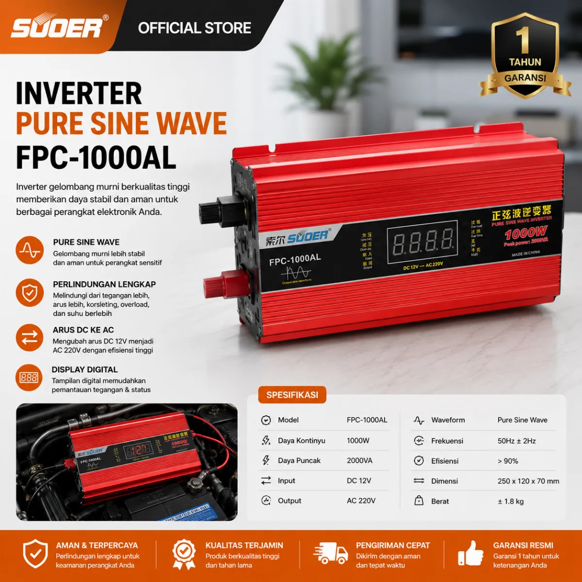 SUOER INVERTER FPC 1000 WATT PURE SINE WAVE