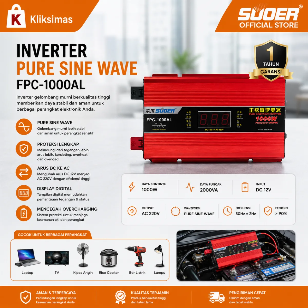SUOER INVERTER FPC 1000 WATT PURE SINE WAVE