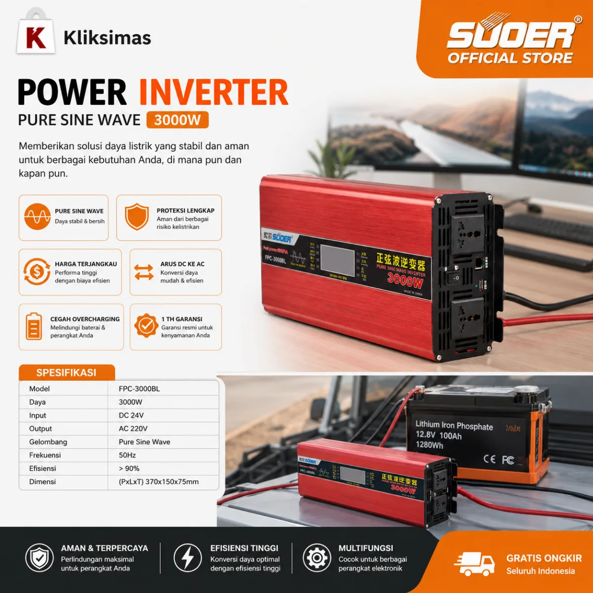 SUOER INVERTER FPC 3000 WATT PURE SINE WAVE