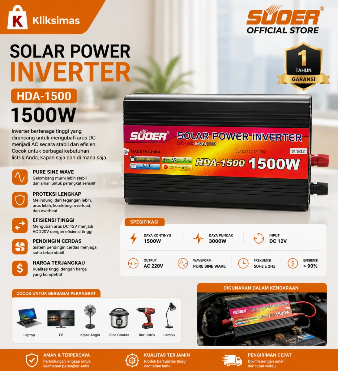 SUOER INVERTER HDA 1500 WATT MODIFIED SINE WAVE (CHARGER)