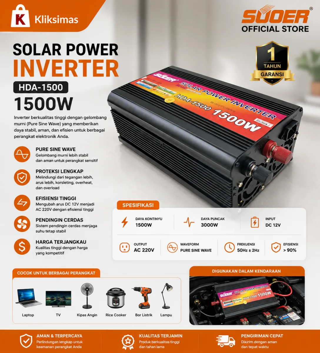 SUOER INVERTER HDA 1500 WATT MODIFIED SINE WAVE (CHARGER)