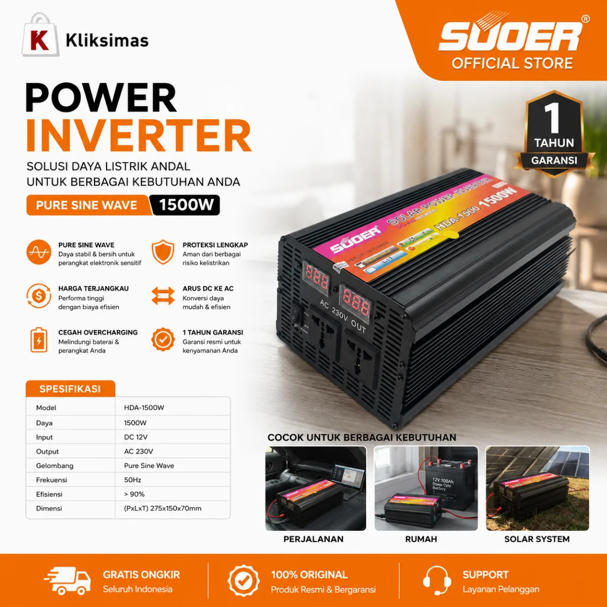 SUOER INVERTER HDA 1500 WATT MODIFIED SINE WAVE (CHARGER)