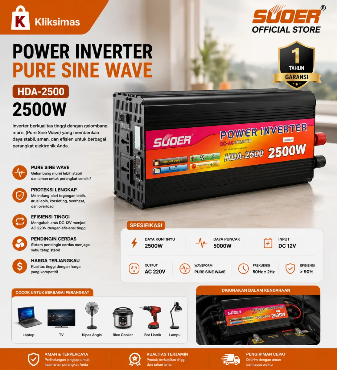SUOER INVERTER HDA 2500 WATT MODIFIED SINE WAVE