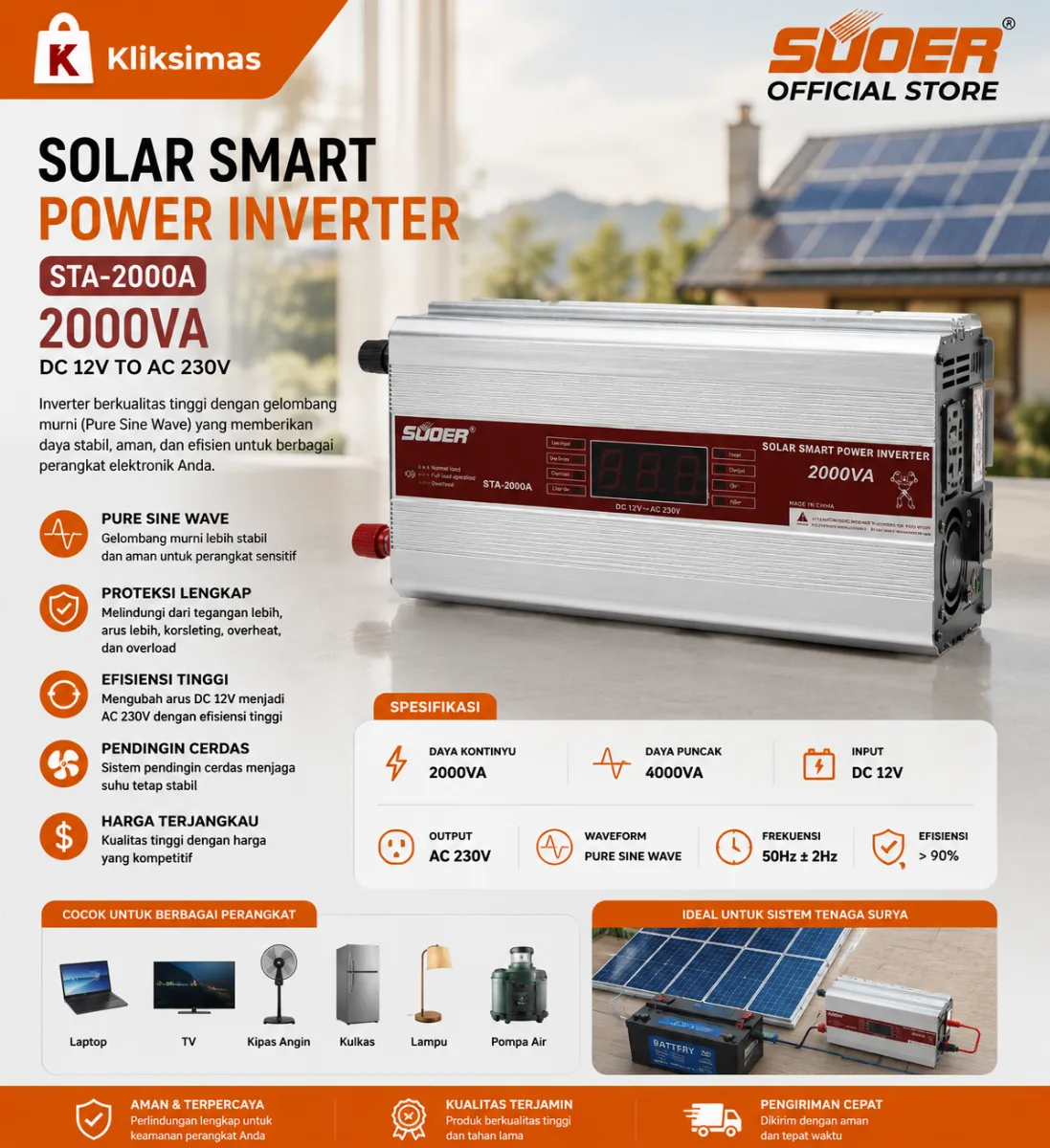 SUOER INVERTER STA 2000 WATT 12 VOLT MODIFIED SINE WAVE